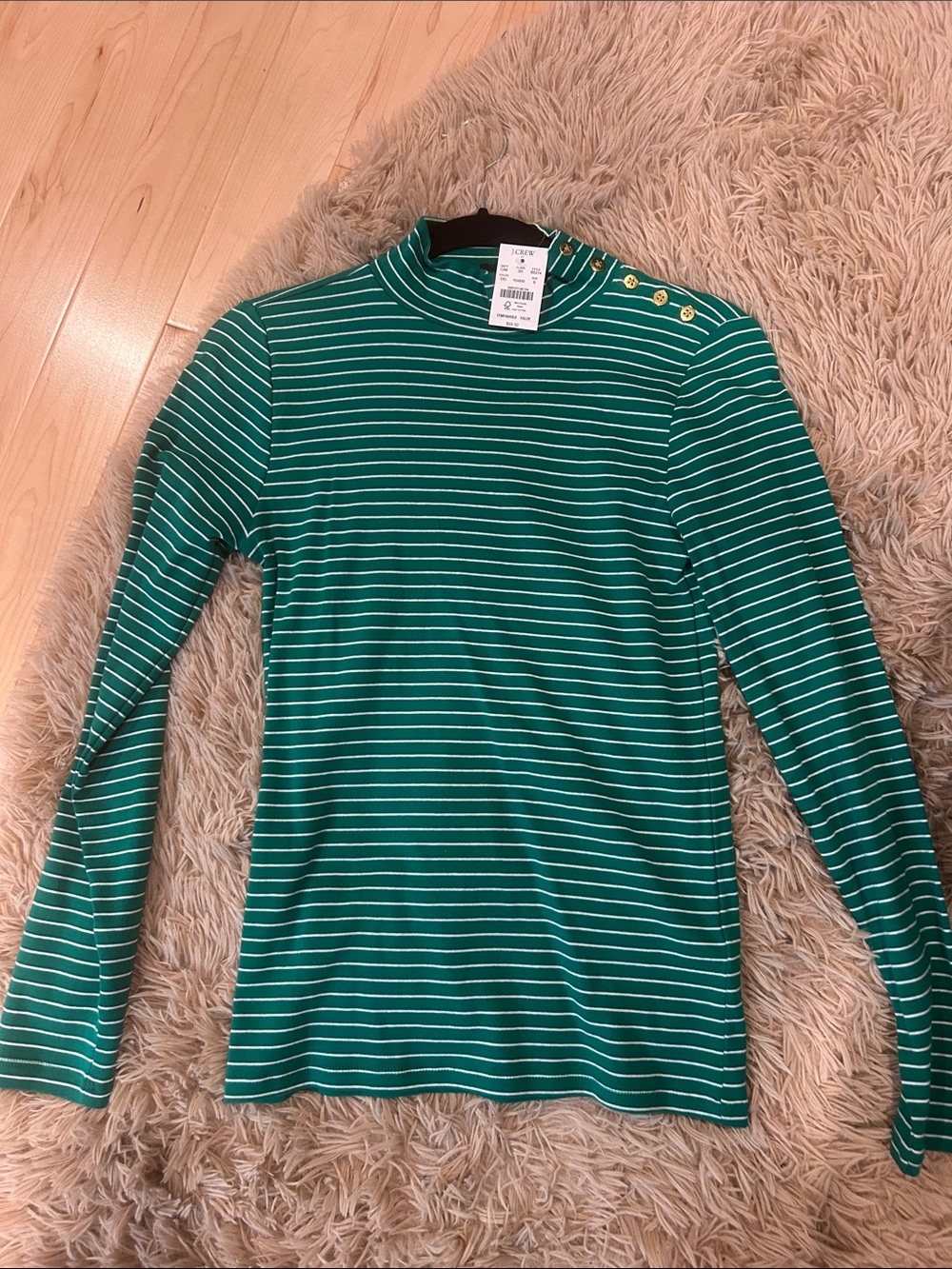 J. Crew Green & White Striped Boatneck Top with Gold Buttons